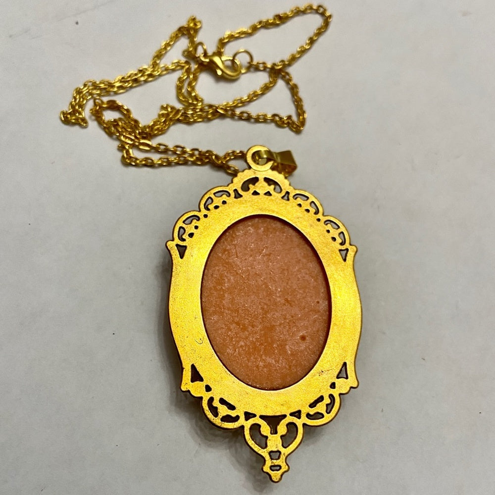 Vintage Pink Cameo of a Lady 18in Gold Plated Pendant Necklace