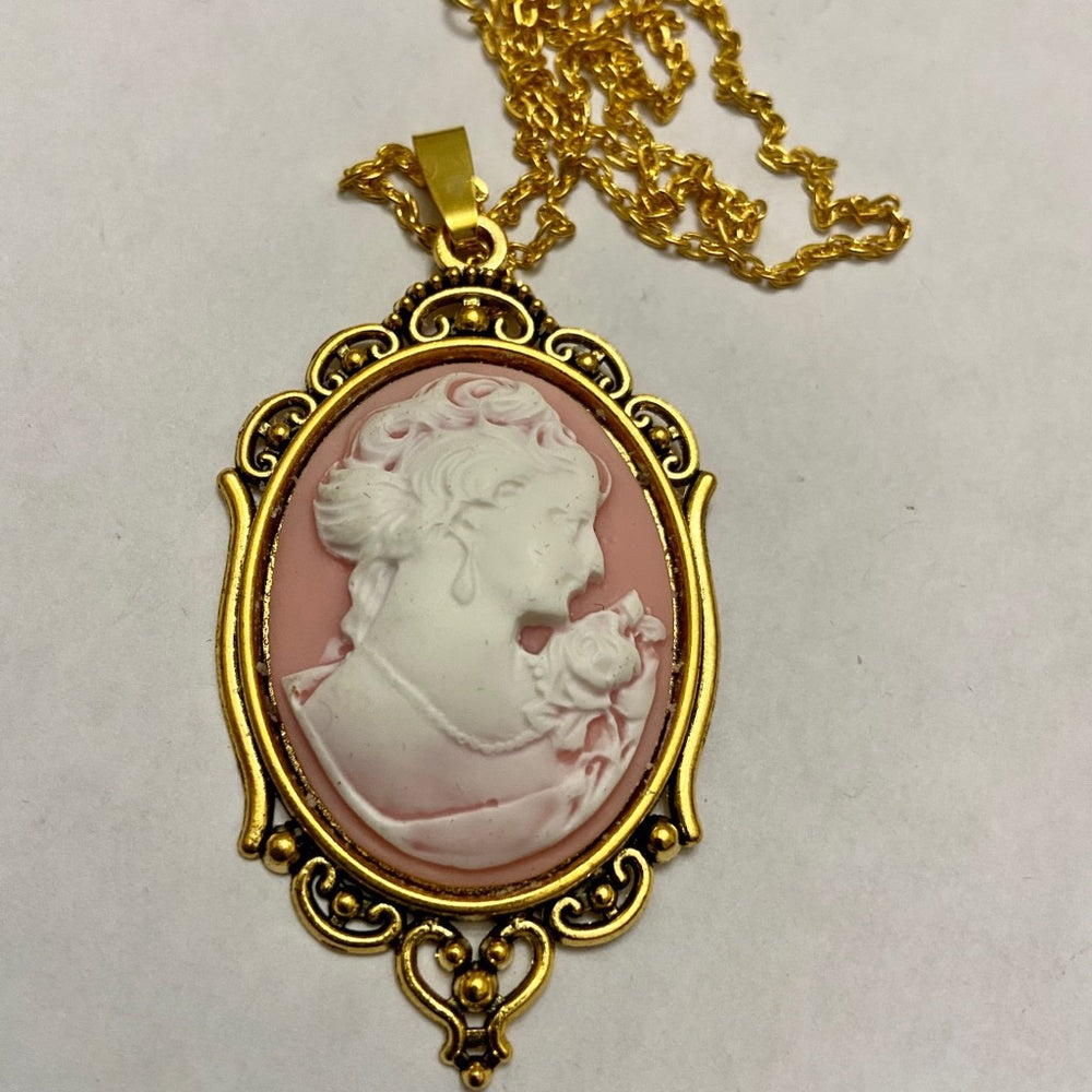 Vintage Pink Cameo of a Lady 18in Gold Plated Pendant Necklace