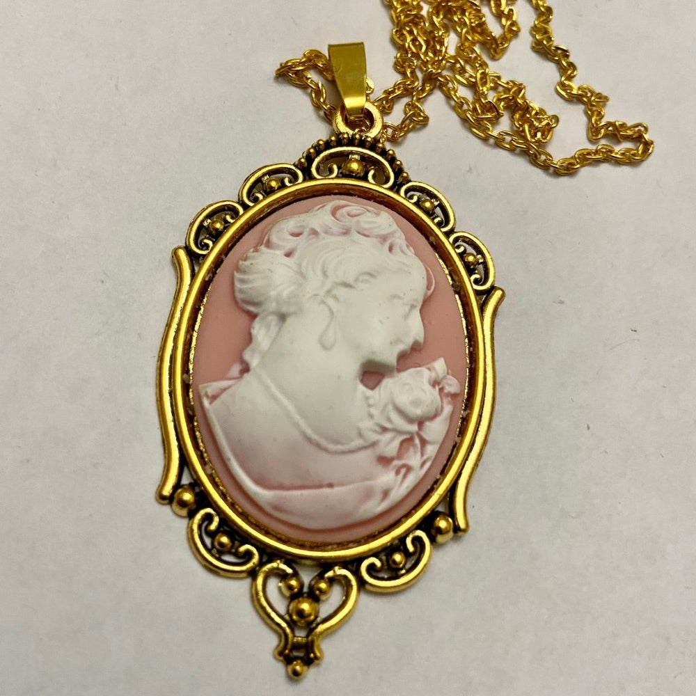 Vintage Pink Cameo of a Lady 18in Gold Plated Pendant Necklace