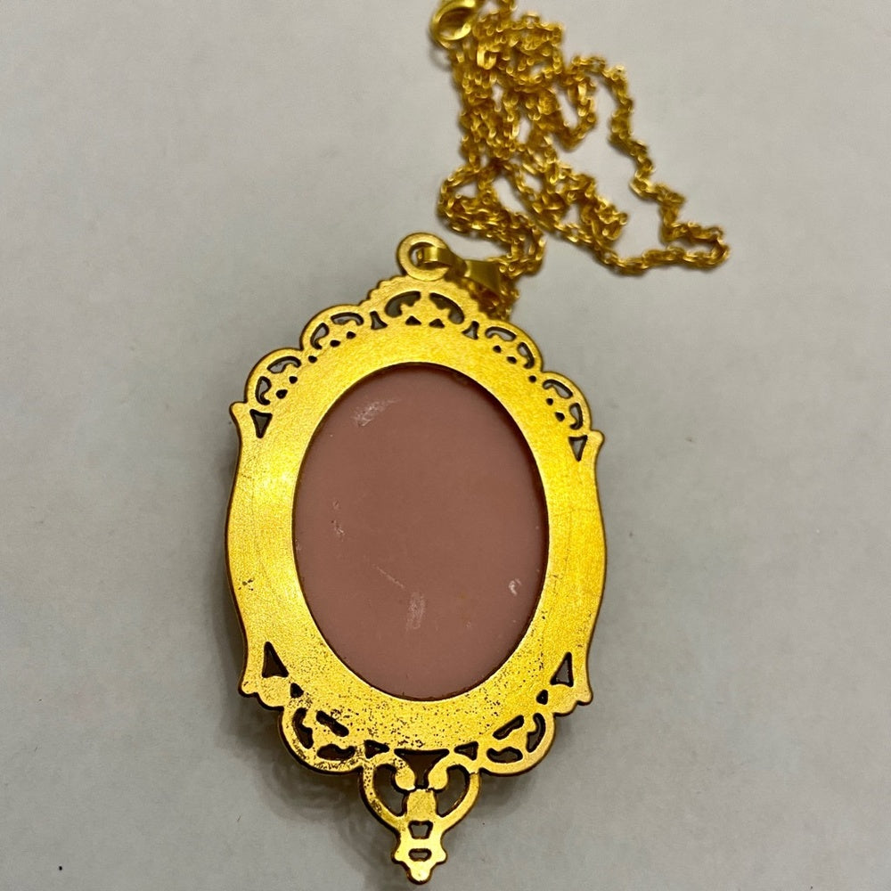Vintage Pink Cameo of a Lady 18in Gold Plated Pendant Necklace