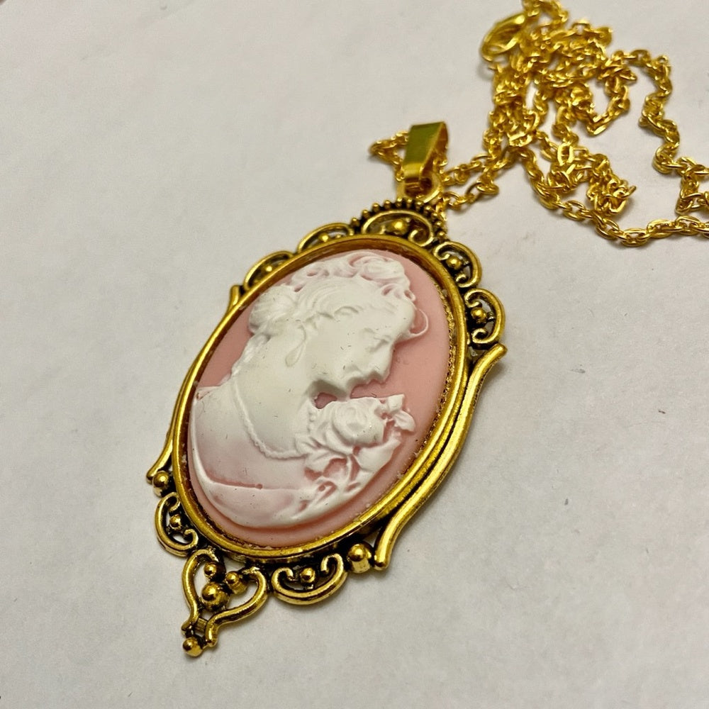 Vintage Pink Cameo of a Lady 18in Gold Plated Pendant Necklace