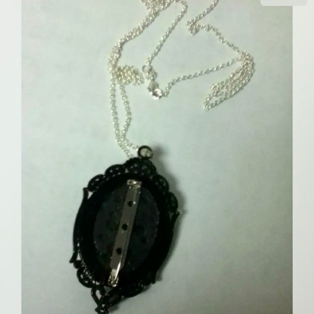 Black and Gray Cherub Cameo Brooch-Pendant with 925 Chain Necklace