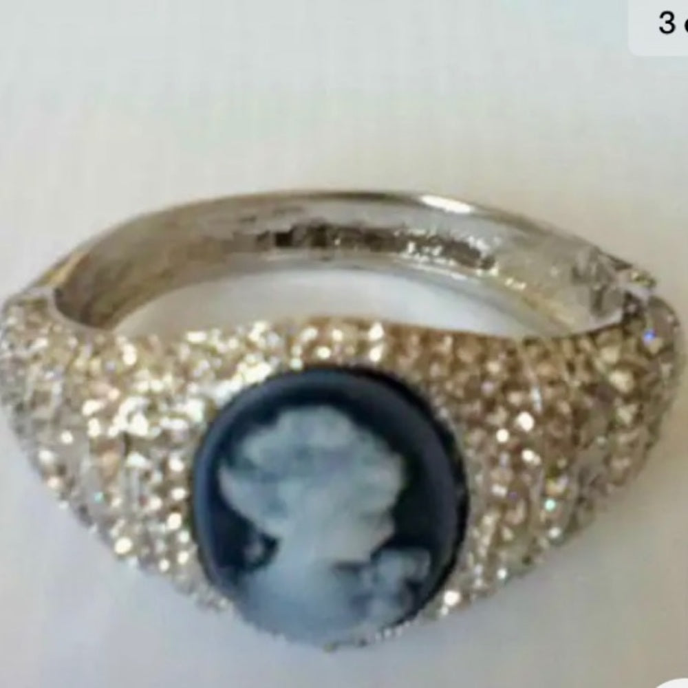 Elegant, Cameo with Rhinestones Hinged-Bangle Bracelet