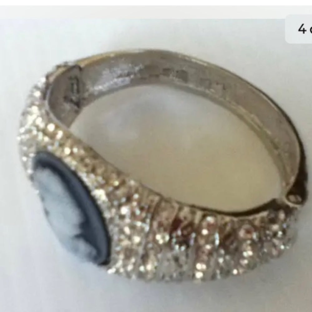Elegant, Cameo with Rhinestones Hinged-Bangle Bracelet
