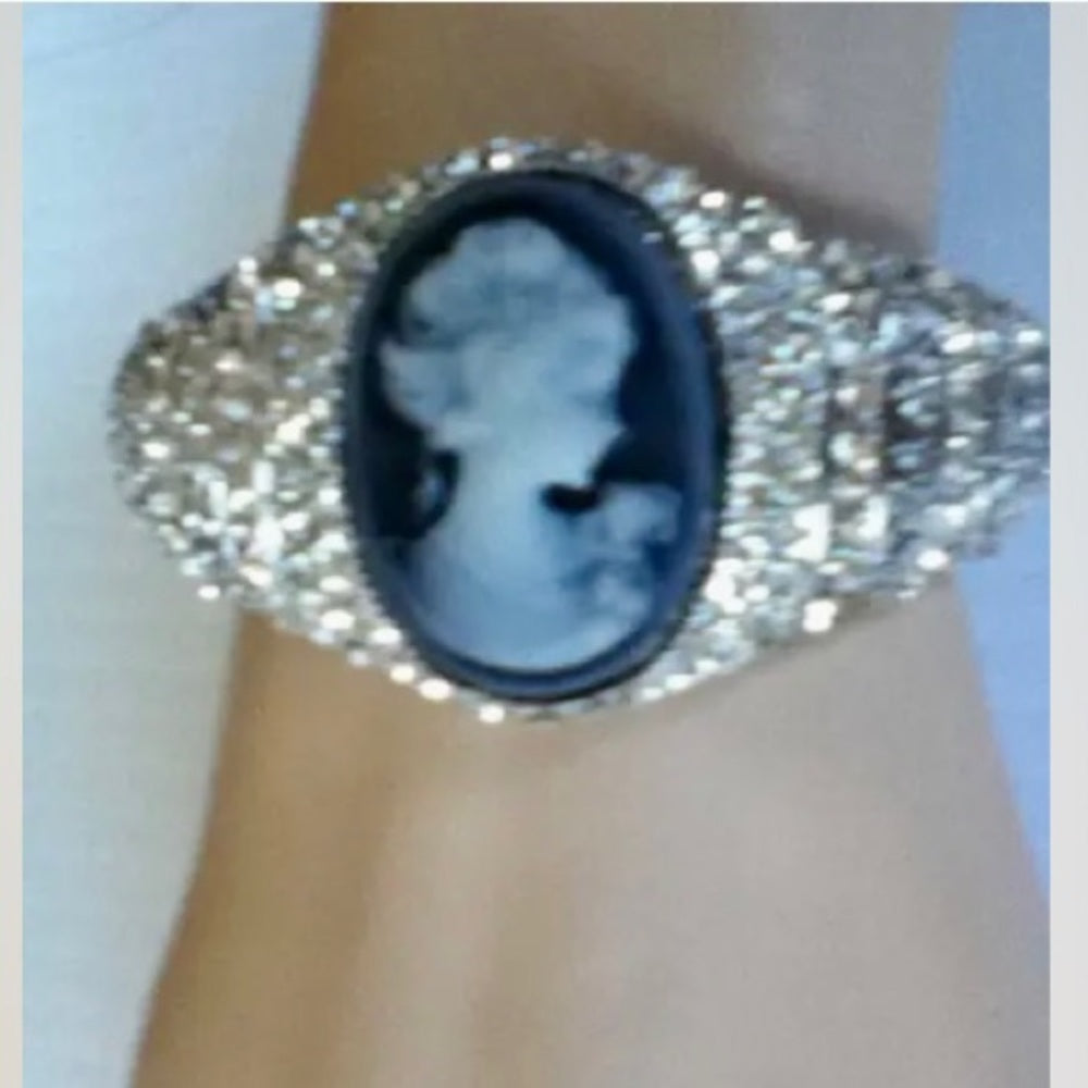 Elegant, Cameo with Rhinestones Hinged-Bangle Bracelet