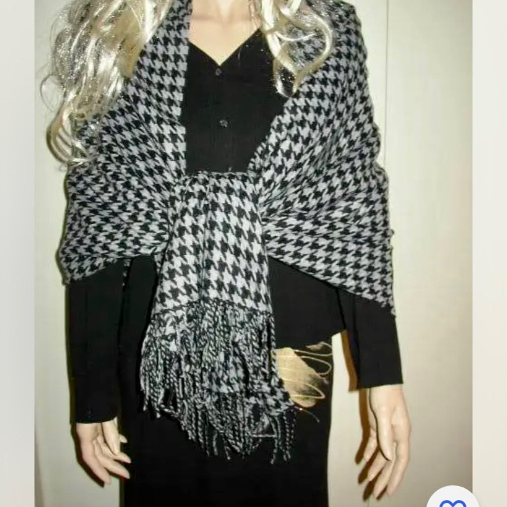 Beautiful, Black and Gray Wool Houndstooth Scarf, Wrap, Shawl, etc