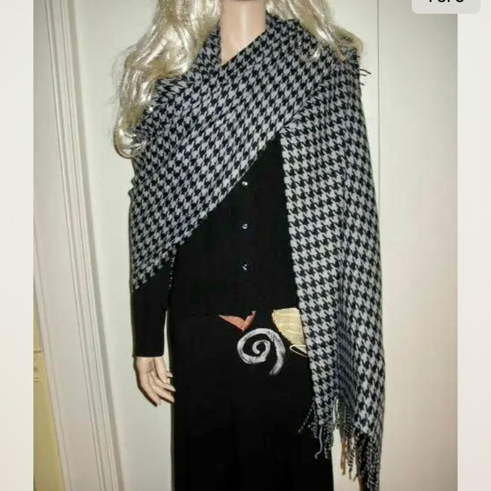Beautiful, Black and Gray Wool Houndstooth Scarf, Wrap, Shawl, etc