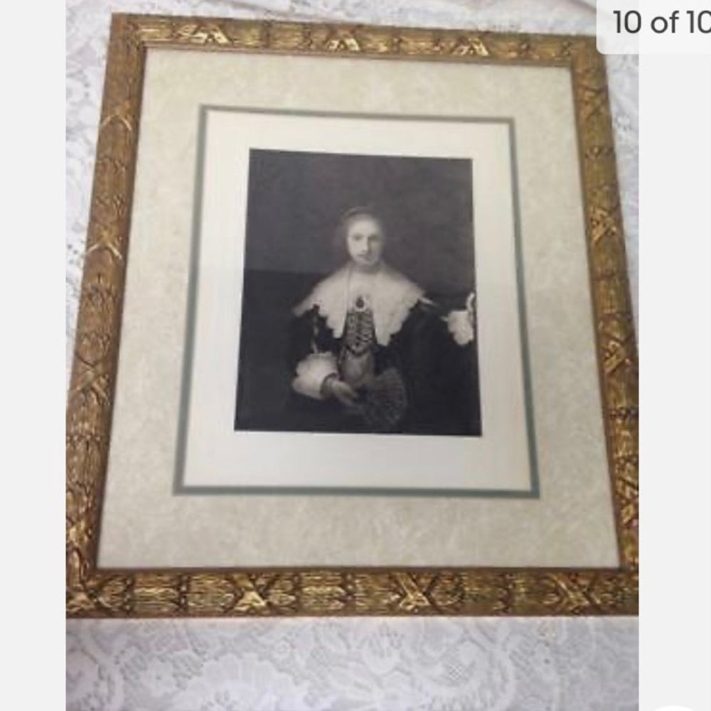 Antique (1906) Rare, Engraving of a Lady with a Fan, By Rembrand Van Rijn, 1641.