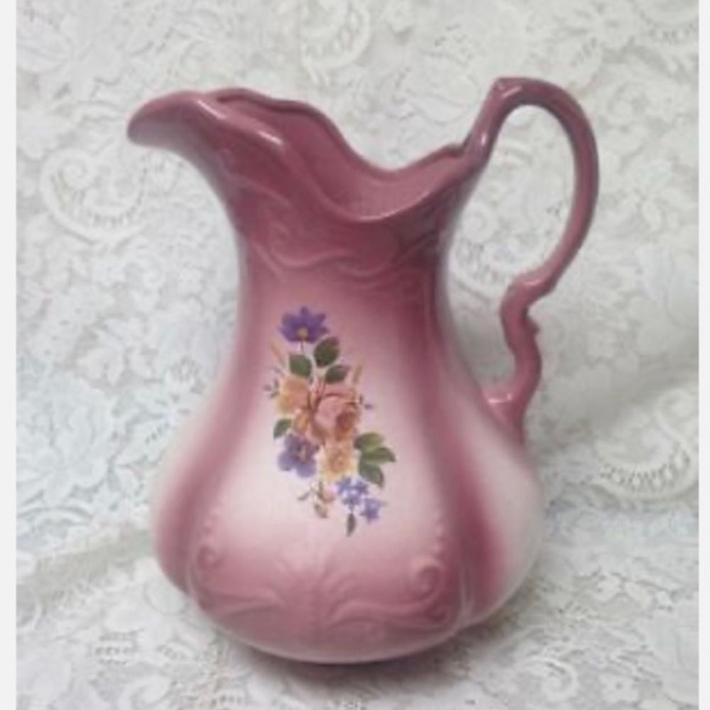 Vintage, Large, 12in H x 10in Pink Floral Pitcher With 16in Washbowl
