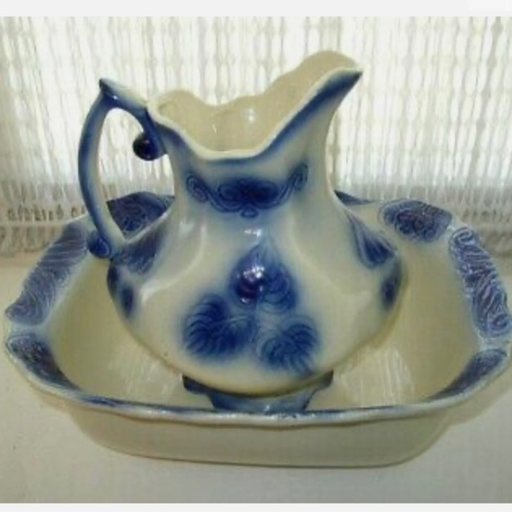 Vintage, Rare, Large, Flow Blue Style Pitcher and Bowl Set