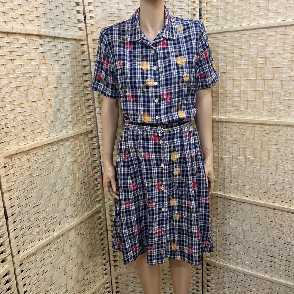 Kathie Lee Blue Plaid Floral Blouse and Skirt Set. Size 10