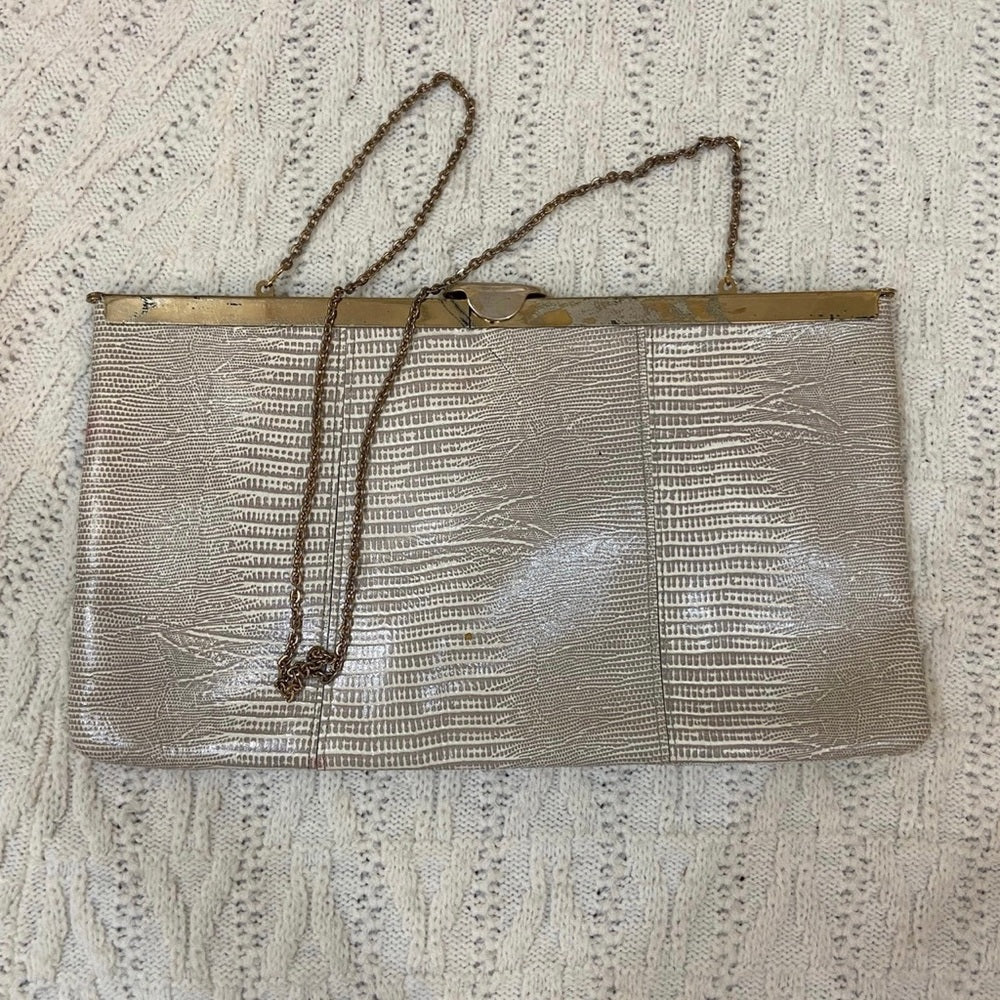 Vintage Etra , Embossed Grayish Beige Lizard Leather Clutch -Shoulder Bag