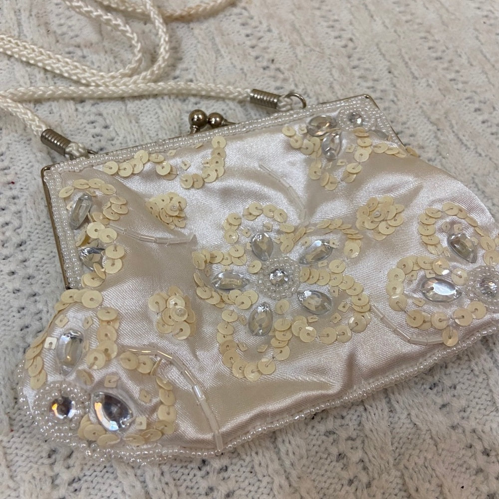 Vintage, White Satin, Beaded Evening Bag