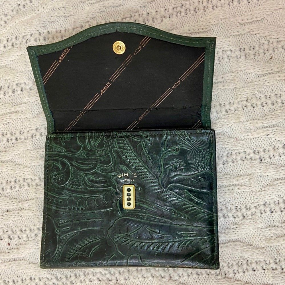 Vintage, Amity, Green Tooled Leather Compact Wallet