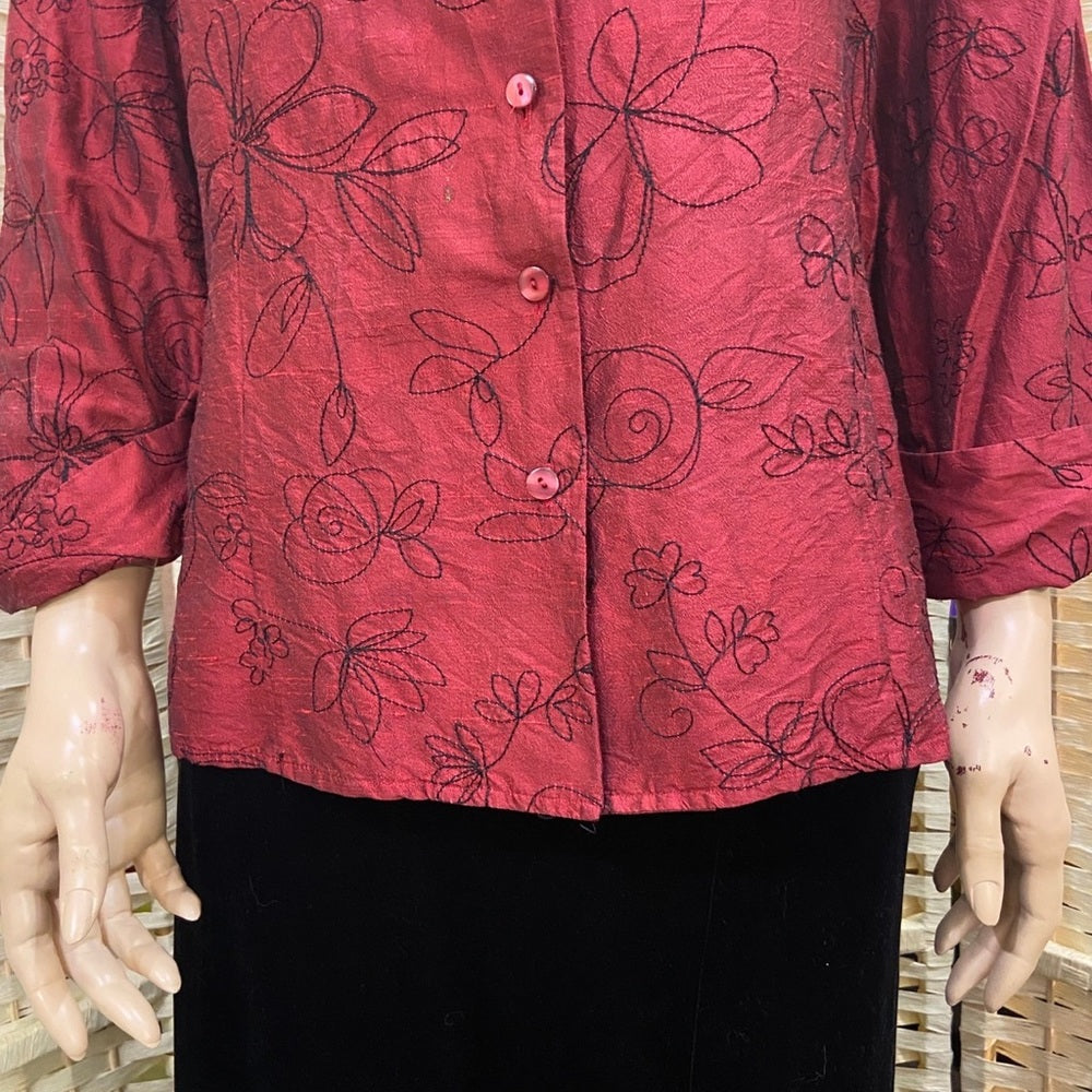 Anne Garson 100% Silk Red Shirt-Blouse with Black Embroidery XL