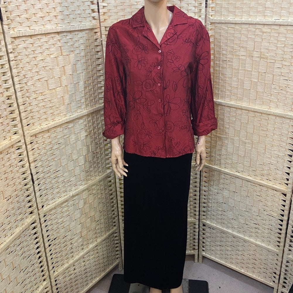 Anne Garson 100% Silk Red Shirt-Blouse with Black Embroidery XL