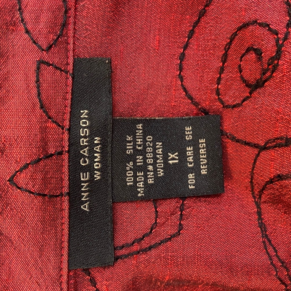 Anne Garson 100% Silk Red Shirt-Blouse with Black Embroidery XL