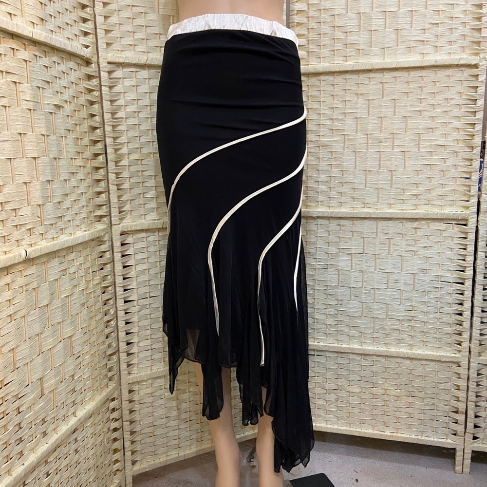 Elegant, Formal, Ruby Rox Black Strapless Dress-Layered Skirt with White Piping. (S)