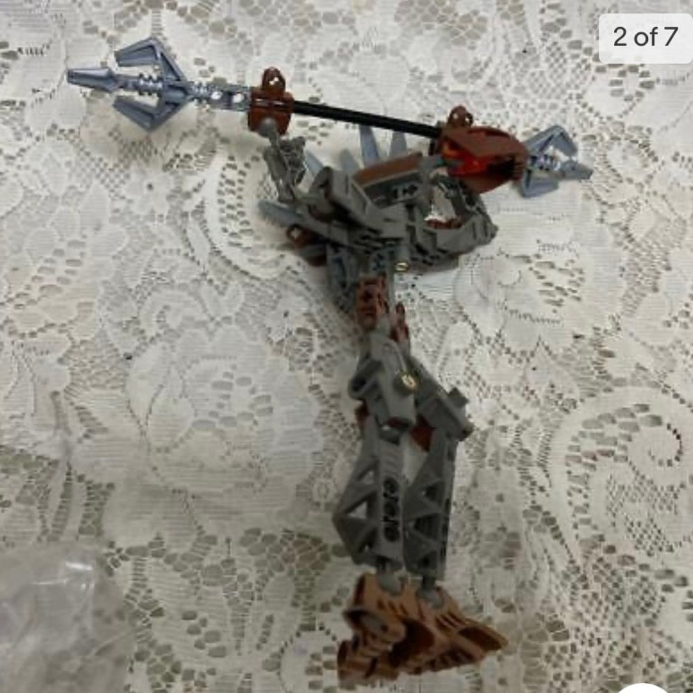 Vintage, Rare, Lego, Bionicle Gray Action Figure with Silver Spear 8in x 9in (