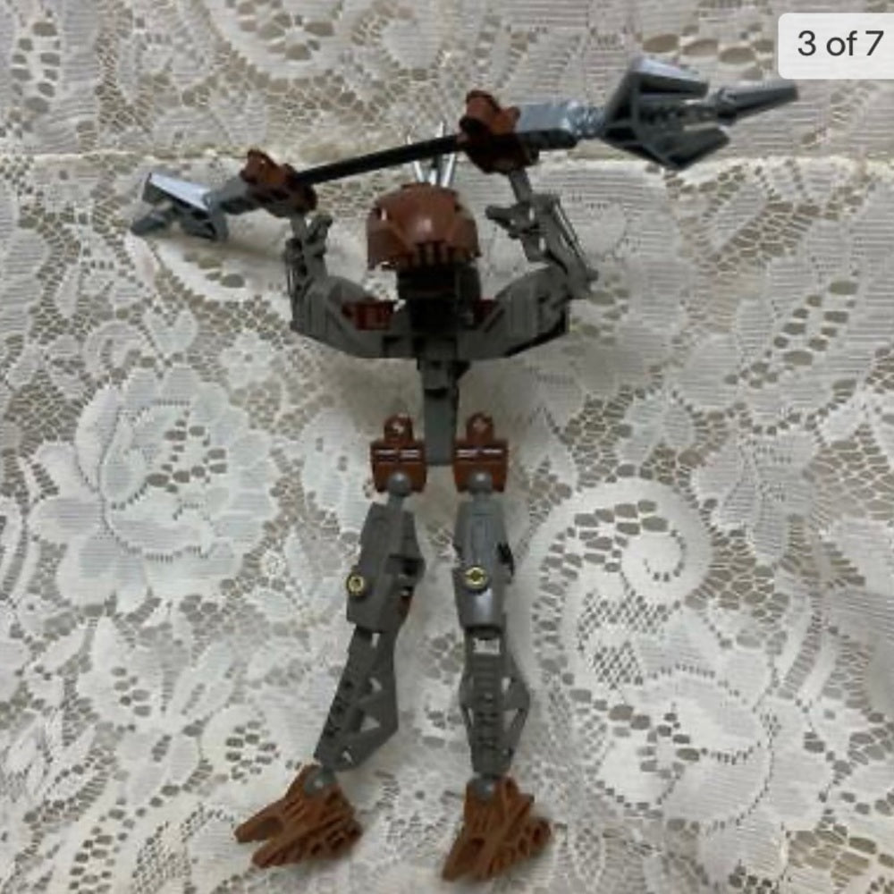 Vintage, Rare, Lego, Bionicle Gray Action Figure with Silver Spear 8in x 9in (