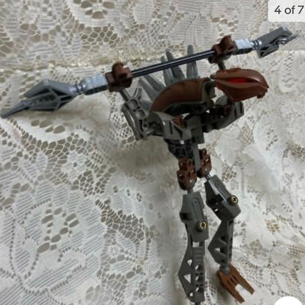 Vintage, Rare, Lego, Bionicle Gray Action Figure with Silver Spear 8in x 9in (