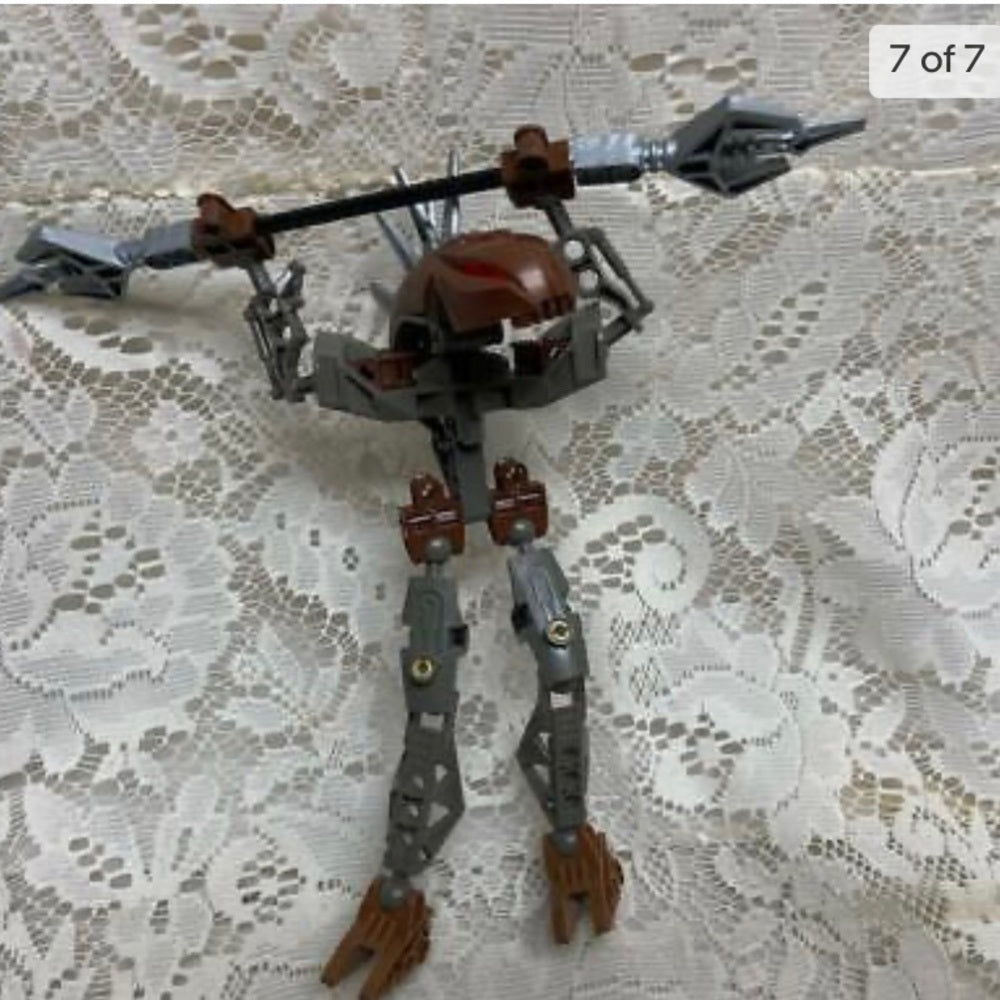 Vintage, Rare, Lego, Bionicle Gray Action Figure with Silver Spear 8in x 9in (