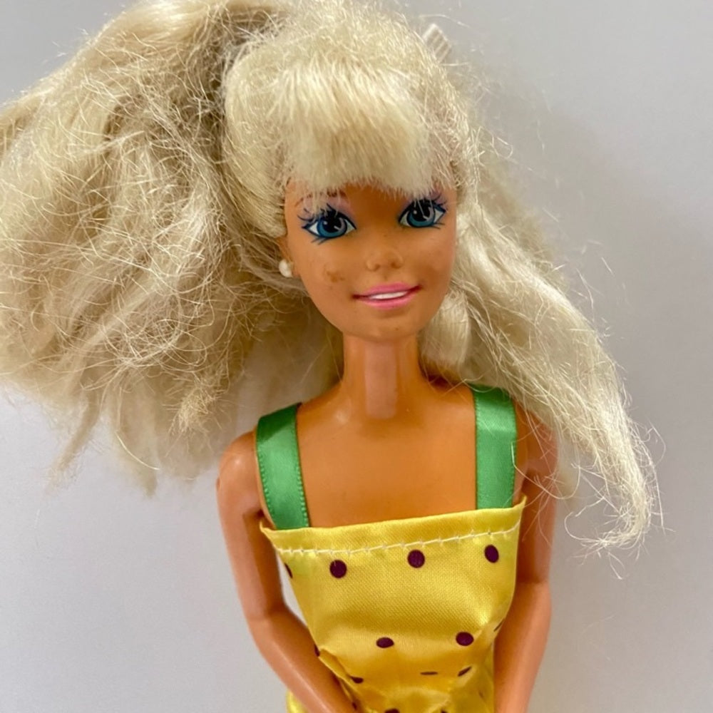 Vintage 1980s Mattel Barbie Doll in Yellow Mini Dress