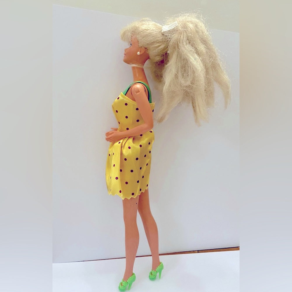 Vintage 1980s Mattel Barbie Doll in Yellow Mini Dress