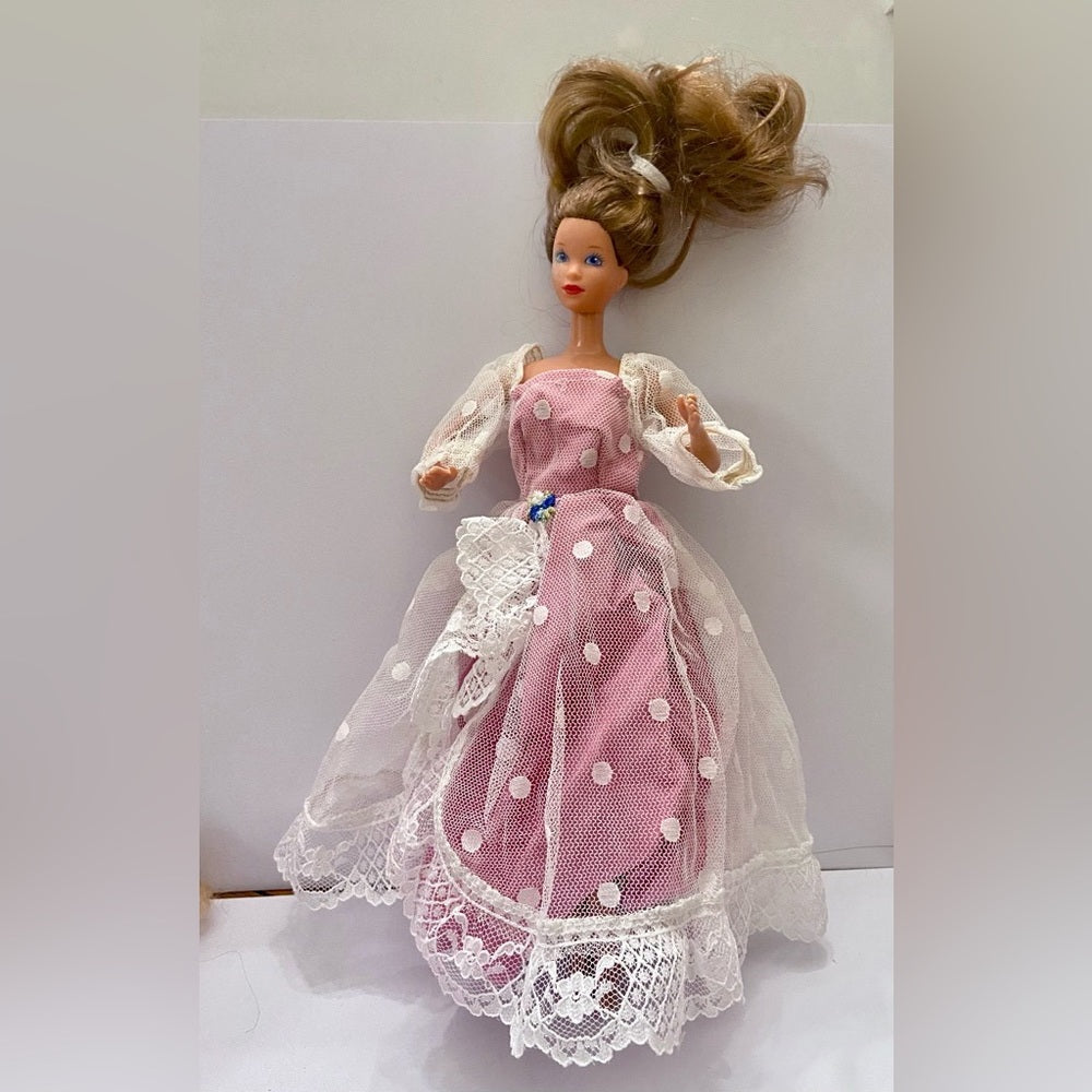 Vintage, 1970-80s Barbie Doll in Original White and Pink Polka Dot Gown (C0223)