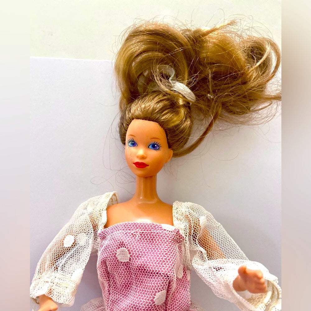 Vintage, 1970-80s Barbie Doll in Original White and Pink Polka Dot Gown (C0223)