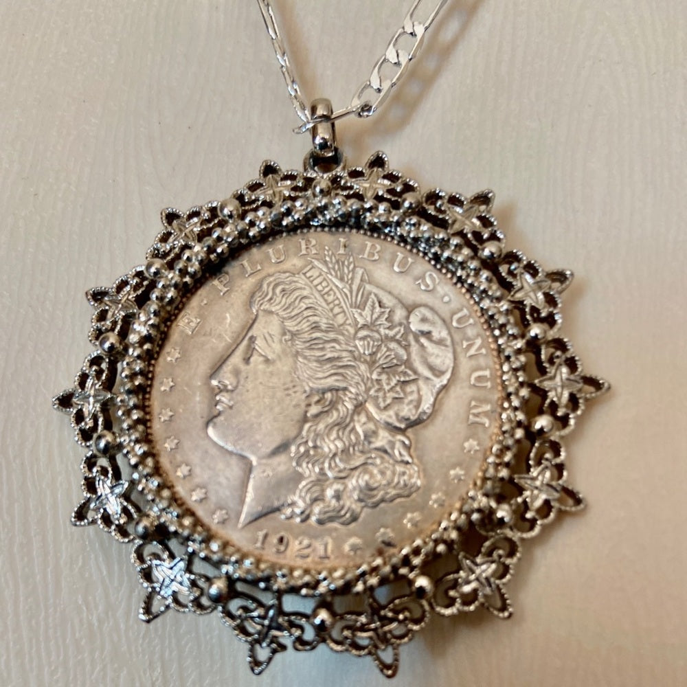 Antique 1921 Silver Morgan Dollar Coin Pendant w/ 18in 925 Silver Chain Necklace