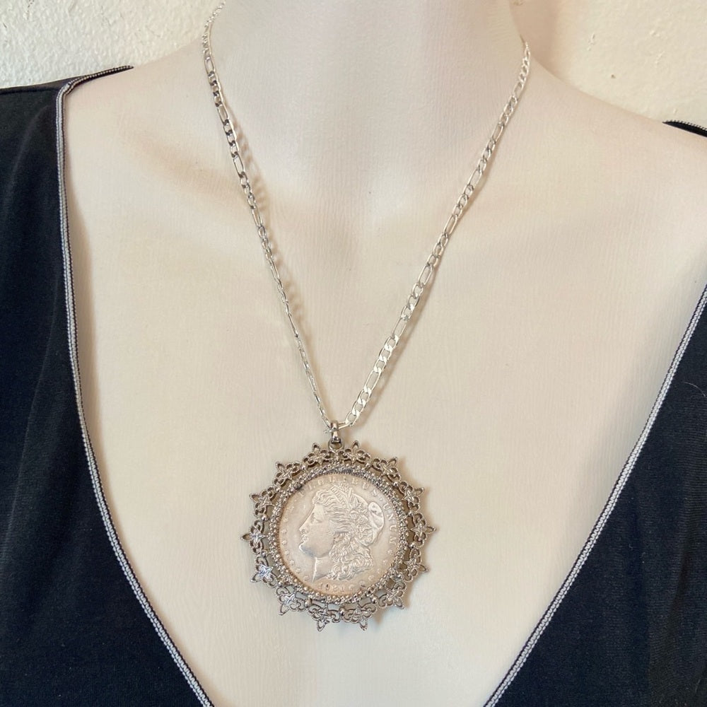 Antique 1921 Silver Morgan Dollar Coin Pendant w/ 18in 925 Silver Chain Necklace