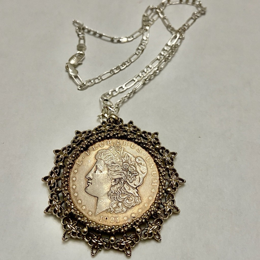 Antique 1921 Silver Morgan Dollar Coin Pendant w/ 18in 925 Silver Chain Necklace
