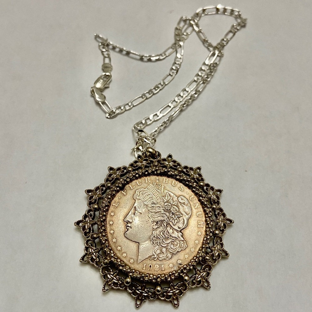 Antique 1921 Silver Morgan Dollar Coin Pendant w/ 18in 925 Silver Chain Necklace