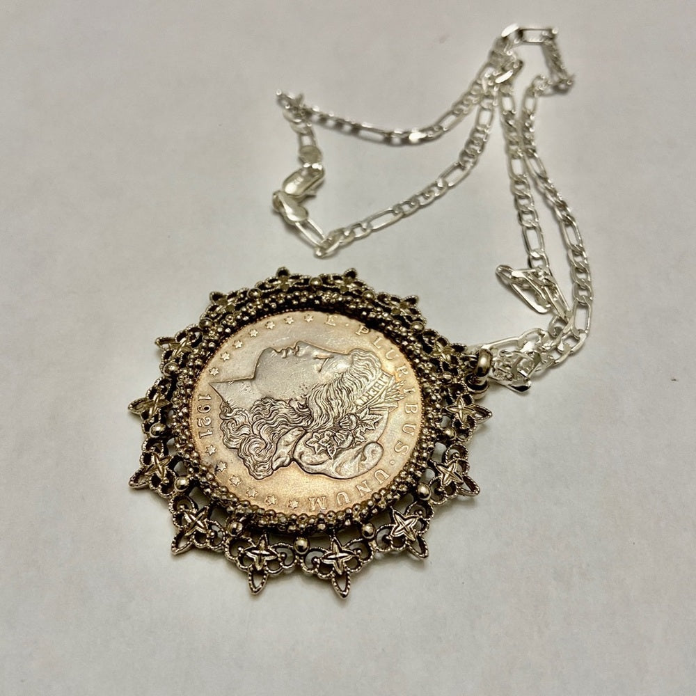 Antique 1921 Silver Morgan Dollar Coin Pendant w/ 18in 925 Silver Chain Necklace