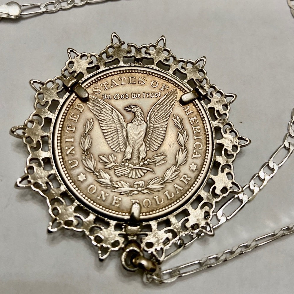 Antique 1921 Silver Morgan Dollar Coin Pendant w/ 18in 925 Silver Chain Necklace
