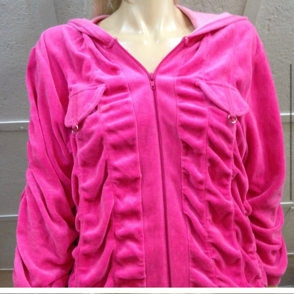 MKM Designs, Pink- Fuchsia, Hooded Velvet Zip Jacket (L)