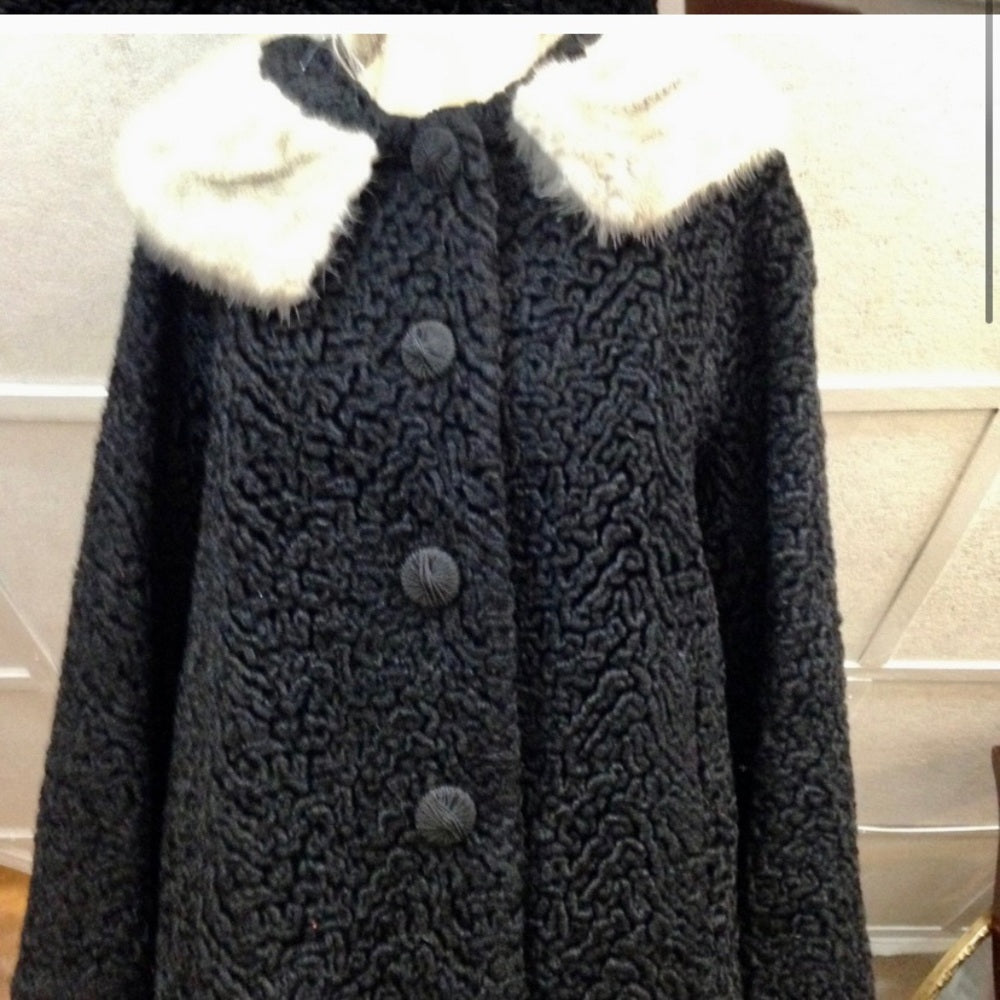 Vintage, Genuine Miracurl, Black Persian Lamb with Gray Collar Dress Coat (L)