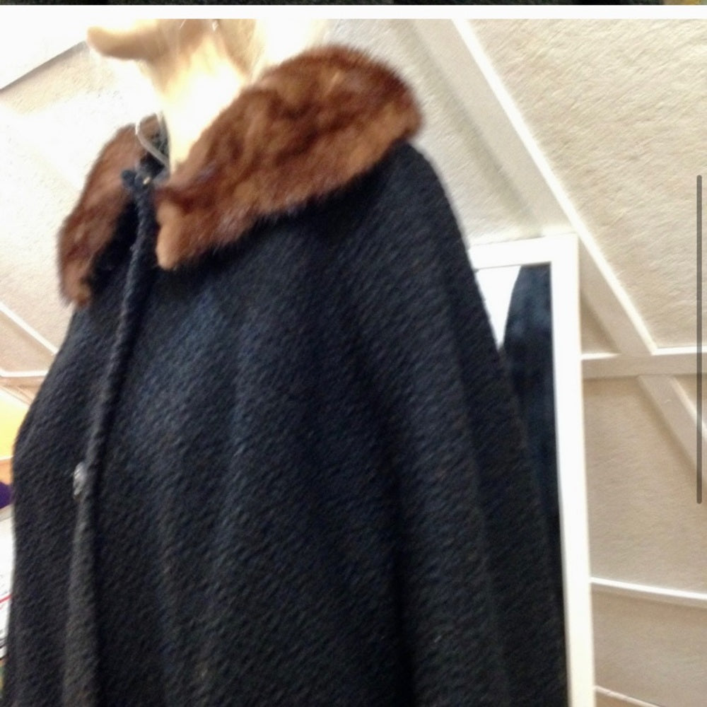 Vintage, Jean Sutton Faux Black Persian Lamb Dress Swing Coat (L)