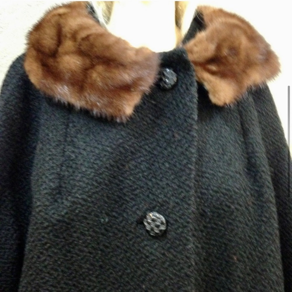 Vintage, Jean Sutton Faux Black Persian Lamb Dress Swing Coat (L)