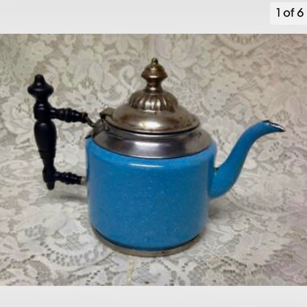 Vintage, Manning & Bowman, Blue Enamelware Teapot or Tea Kettle 9.5in W x 7in T