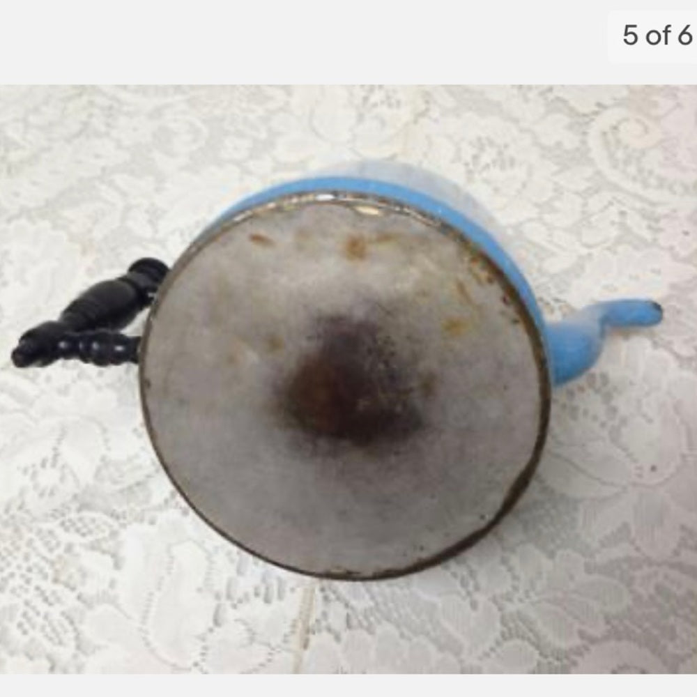 Vintage, Manning & Bowman, Blue Enamelware Teapot or Tea Kettle 9.5in W x 7in T