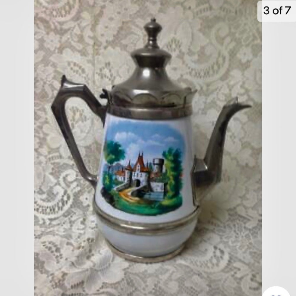 Antique, Enamelware-Pewter, Manning and Bowman Teapot 11.5in H x 10in W x 6in