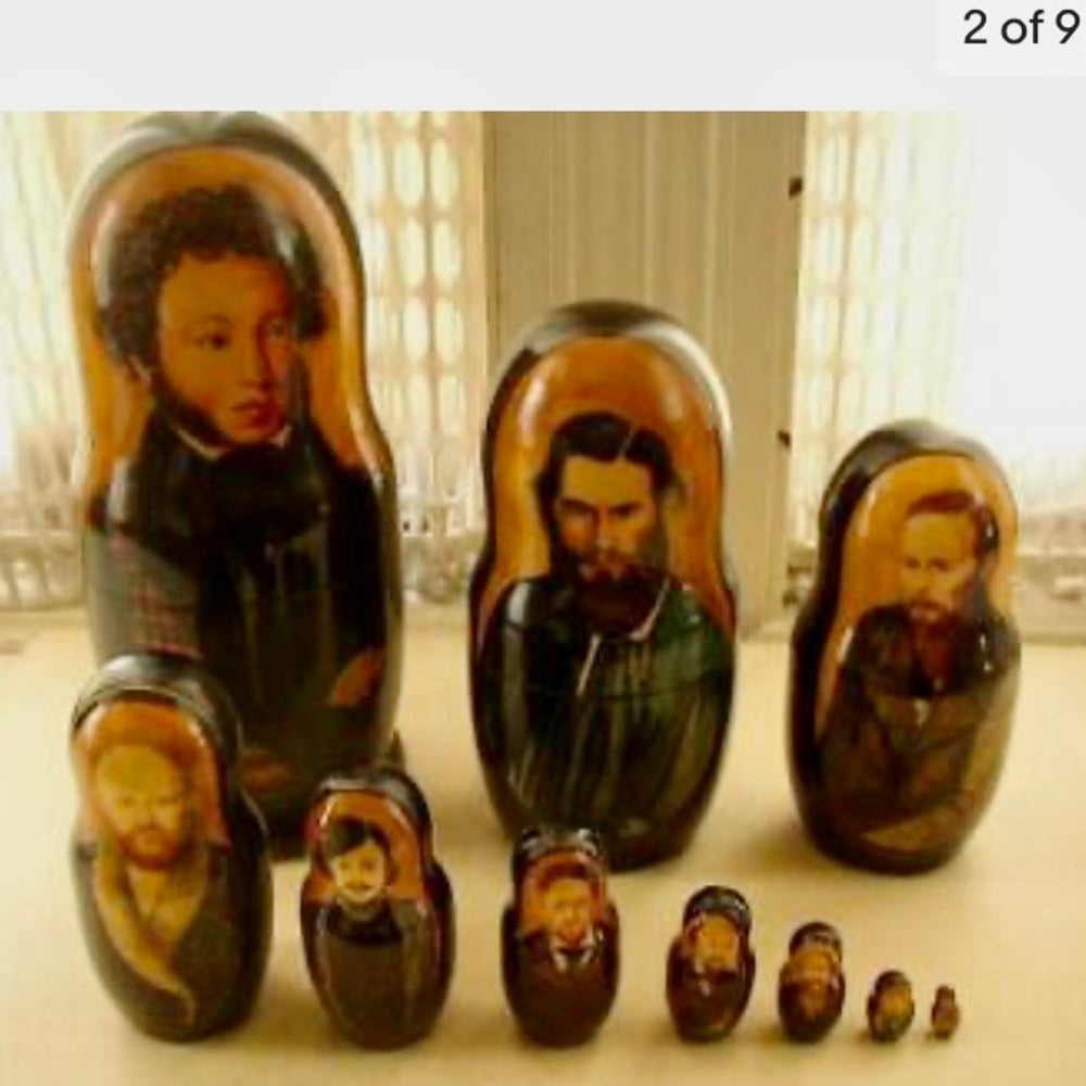 Handpainted, High End Set of 10pc Nesting Dolls- Russia’s Famous Poets- Authors