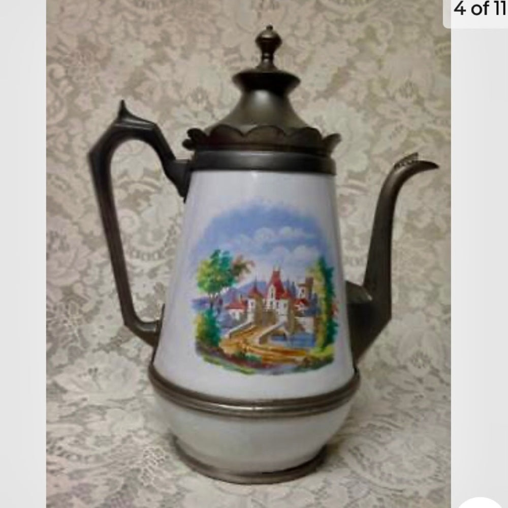 Antique, Enamelware-Pewter, XL Coffee-Teapot 12.5in H x 10.5in W x 6.5in