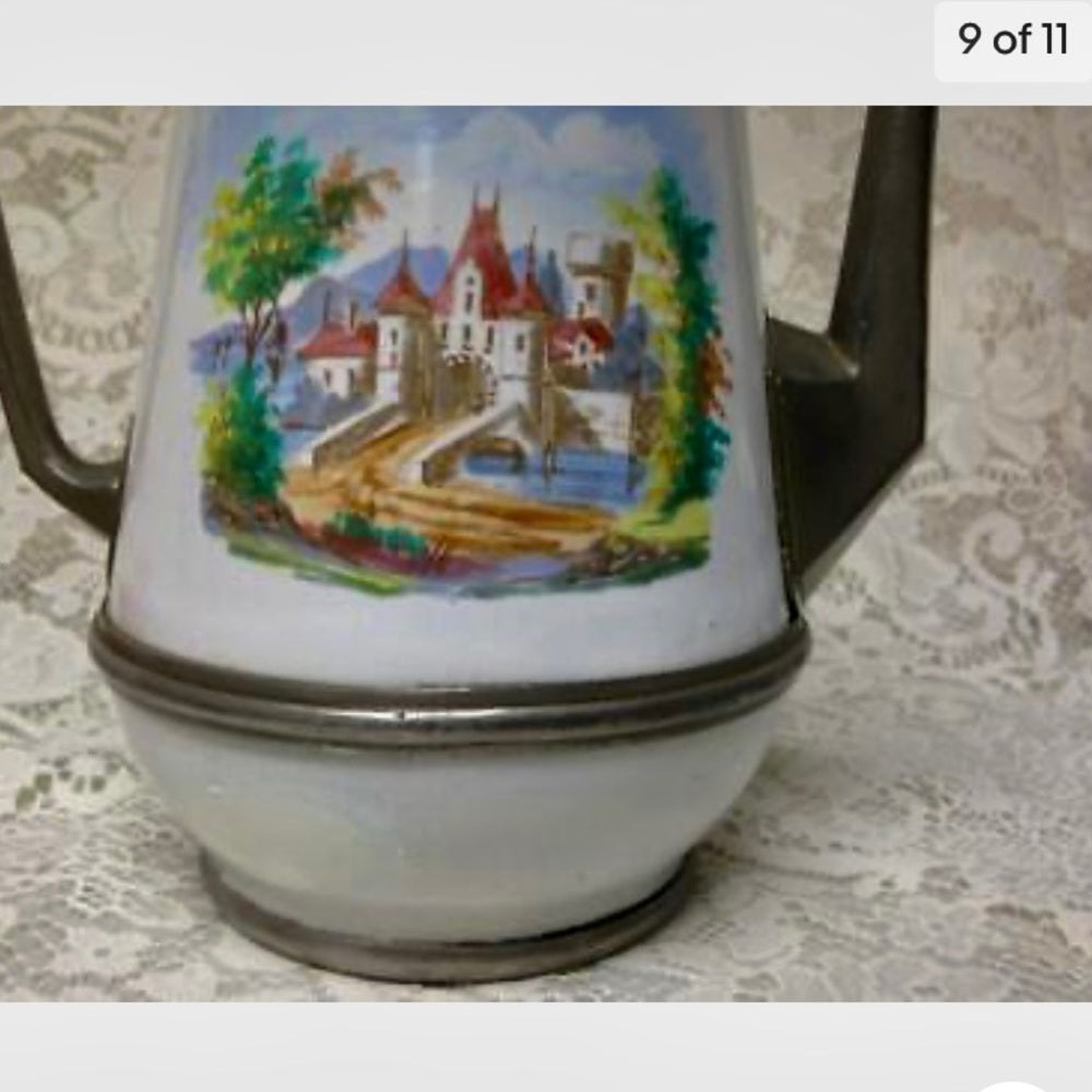 Antique, Enamelware-Pewter, XL Coffee-Teapot 12.5in H x 10.5in W x 6.5in