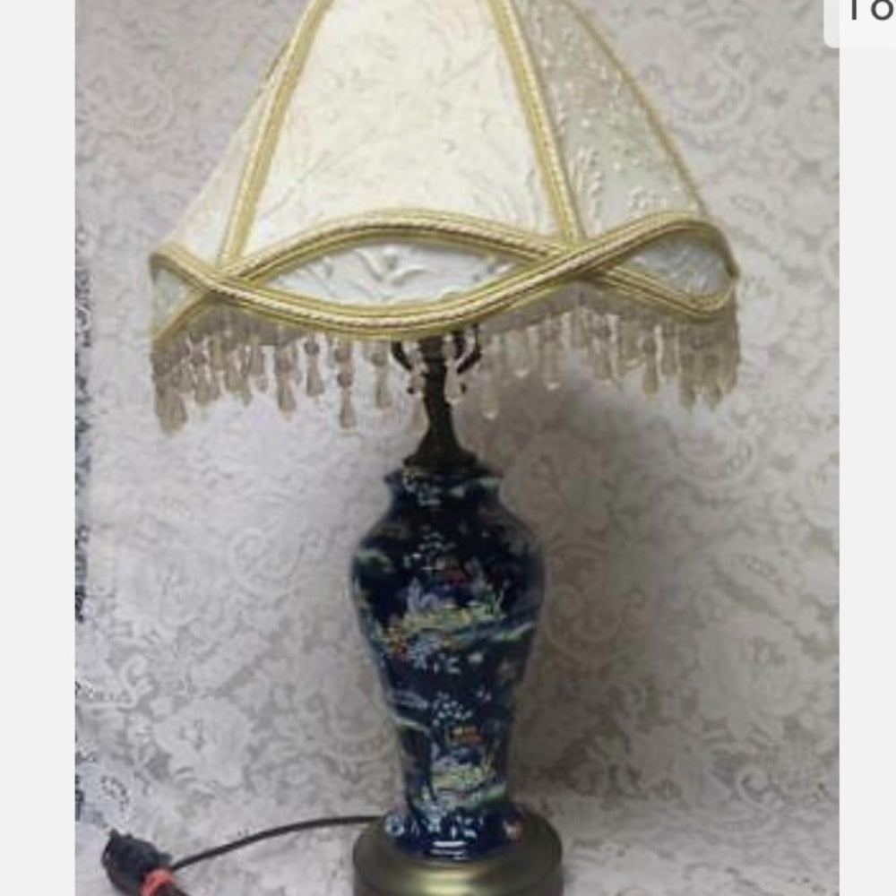 Vintage Royal Winton Variant Polychrome Willow Electric TableLamp 26T x 13.5 D