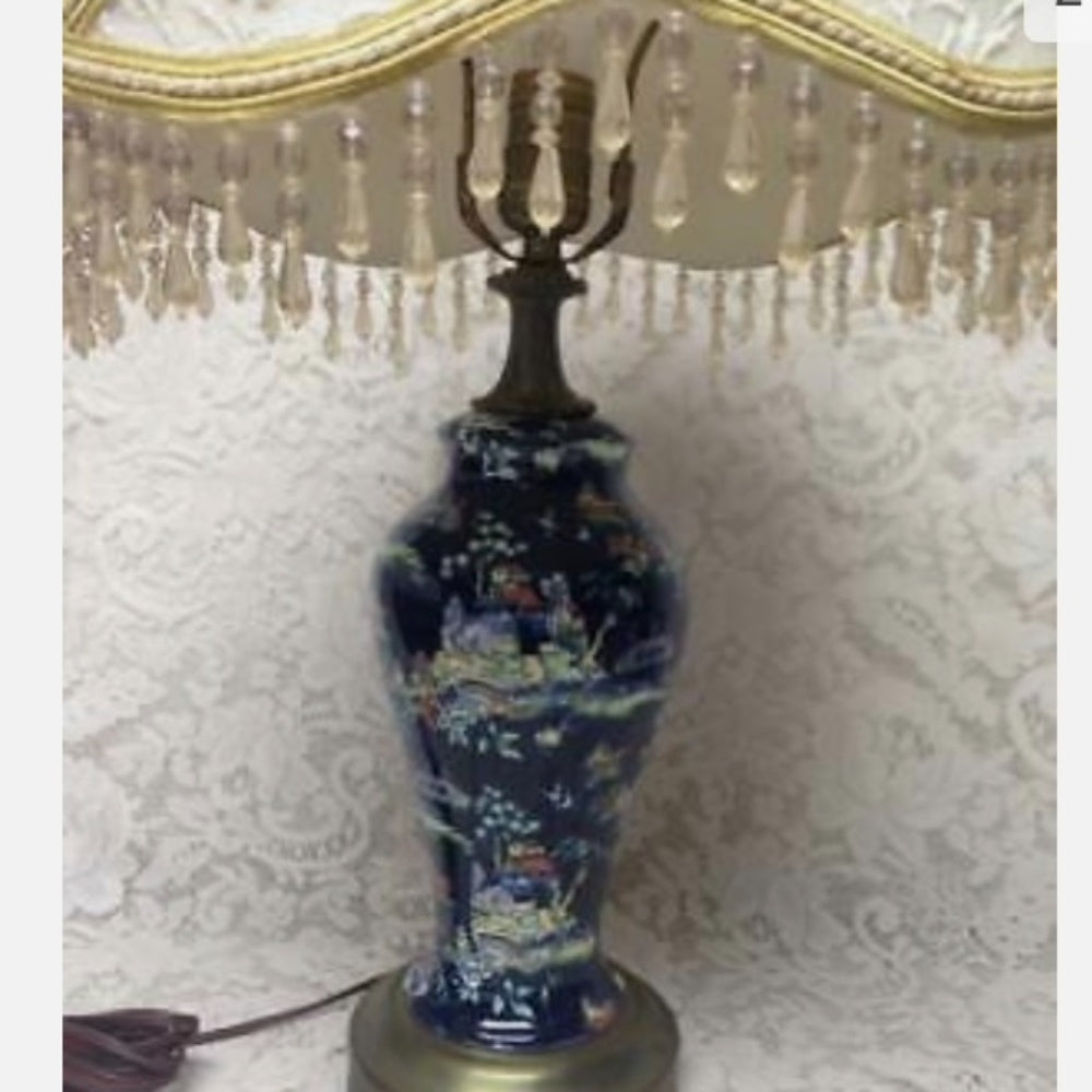 Vintage Royal Winton Variant Polychrome Willow Electric TableLamp 26T x 13.5 D