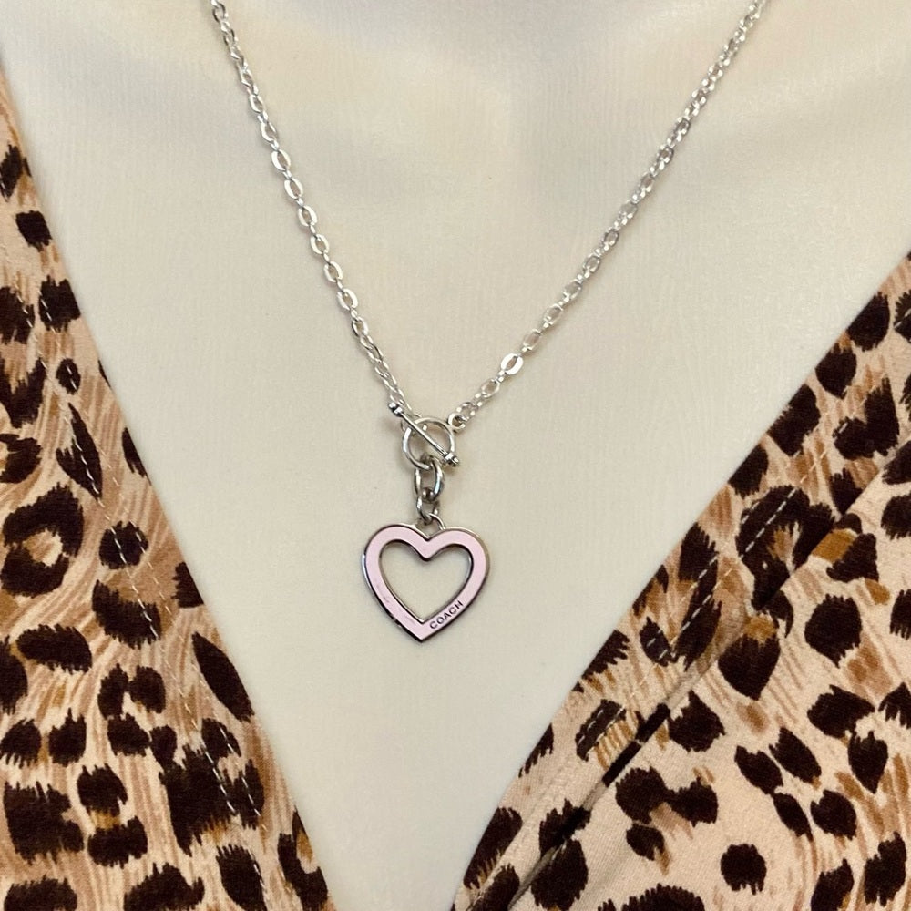 Coach, Pink Heart Enamel Silver Tone Pendant Necklace