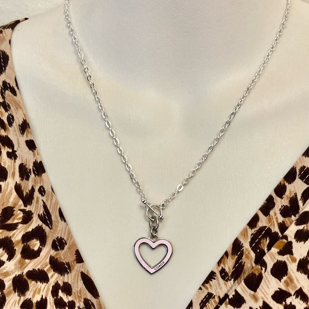 Coach, Pink Heart Enamel Silver Tone Pendant Necklace